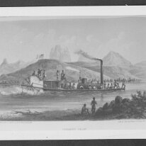 U.S. Explorer steamboat on the Colorado River at Chimney Peak. UNLV  U.S. Explorer steamboat on the Colorado River at Chimney Peak, courtesy UNLV